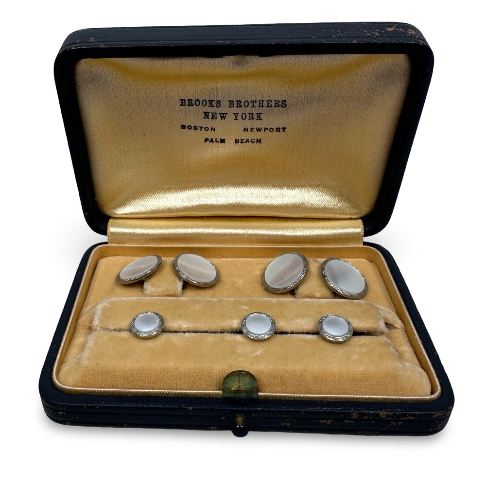 Art Deco Brooks Brothers 14k Yellow‎ White Gold Mother Pearl Cufflinks Studs Set